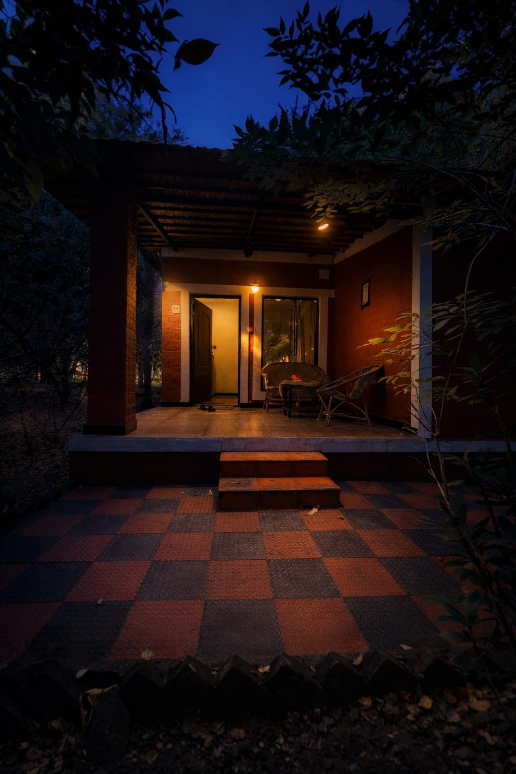 Cottage entrance at night