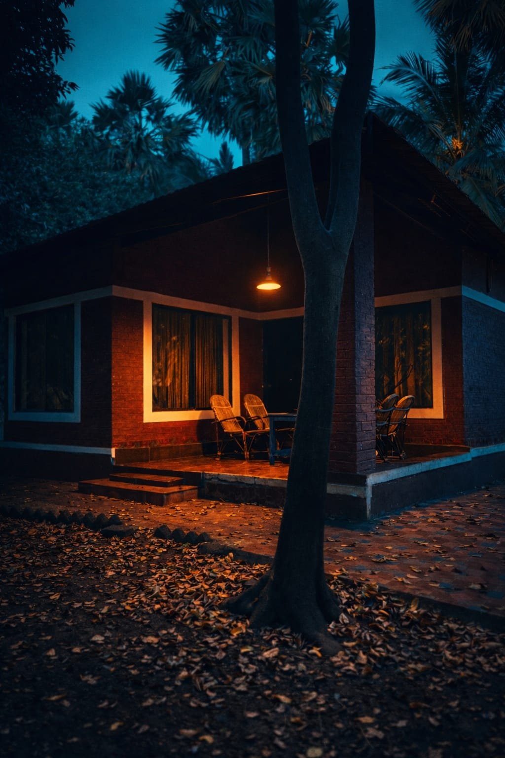 Cottage under the trees at dusk